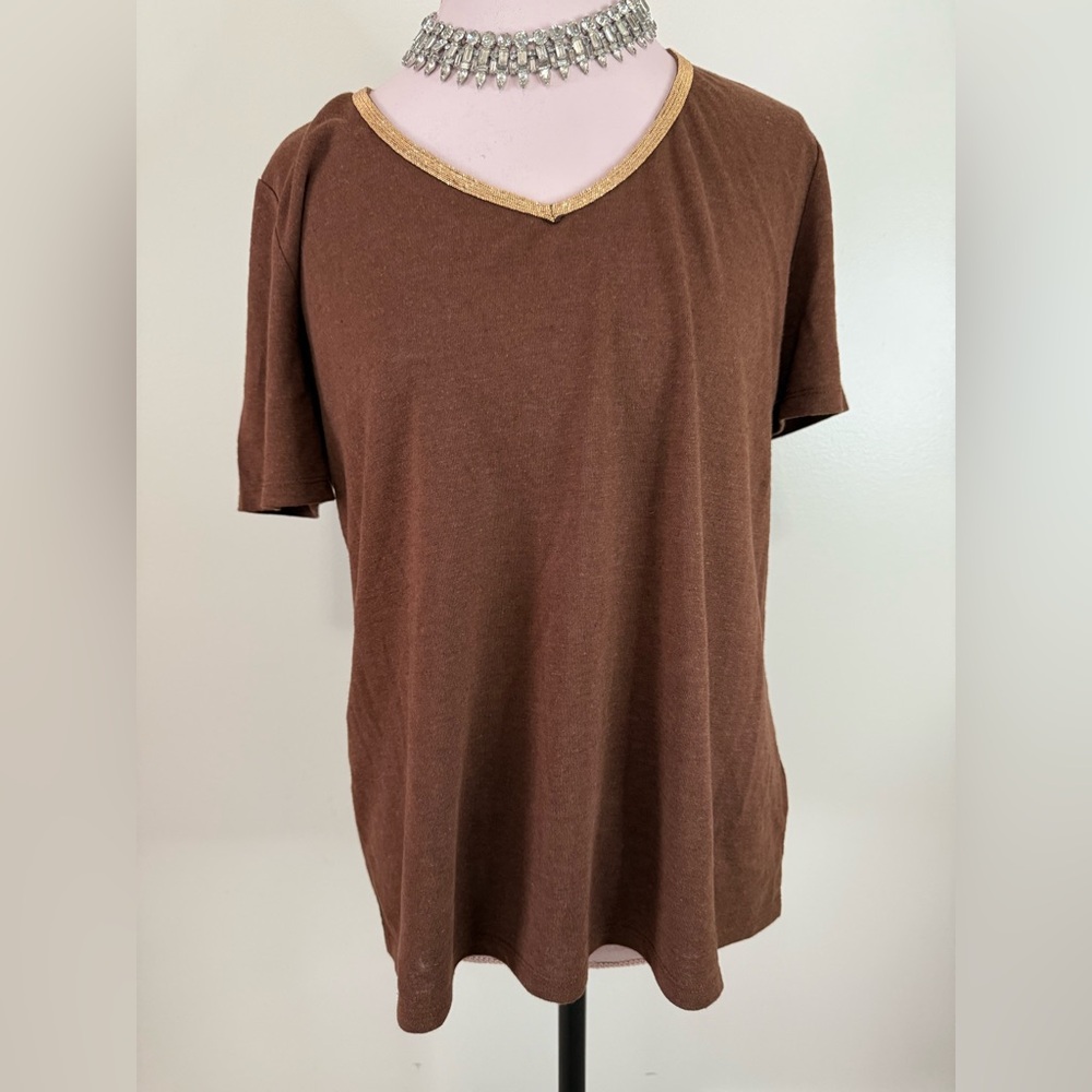 Talbots NWT linen blend Brown V-Neck beaded Women's Top size large